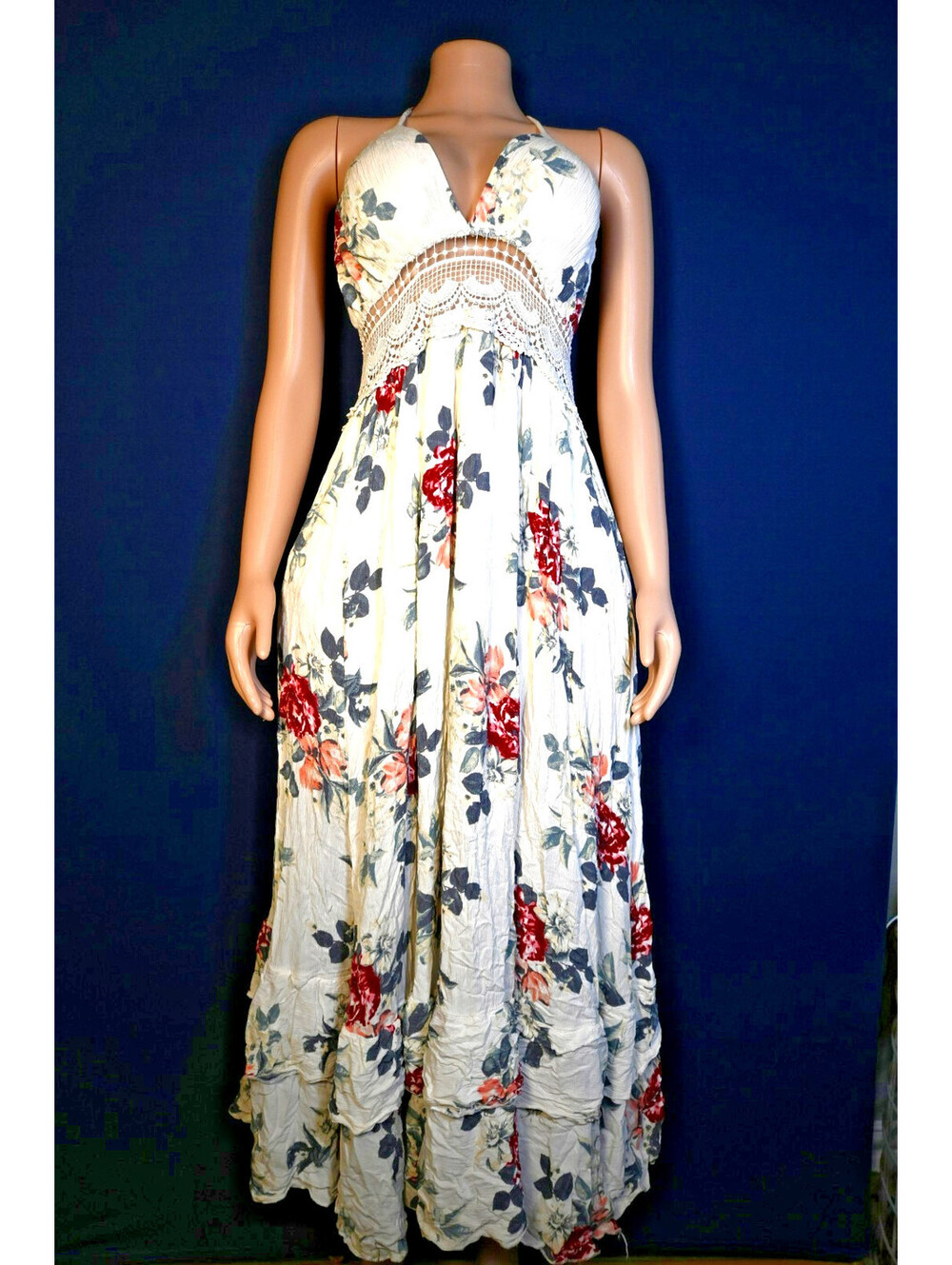 Rue21 Floral Halter Dress Small LaceTrim Backless Boho Sundress cream Red Rose